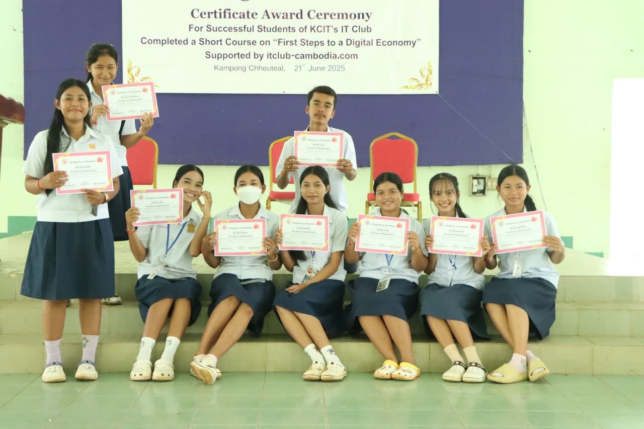 IT Club Cambodia students receiving certificates at KCIT partner school